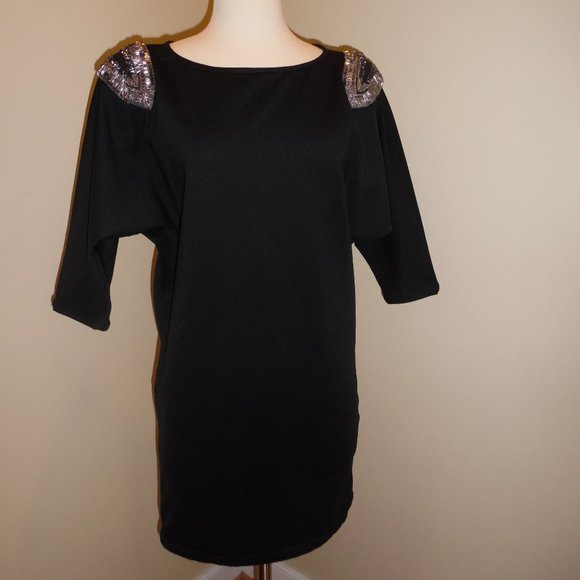 ELIZABETH AND JAMES Beaded Embellished Jeweled Black Mini Shoulder Wedge Dress - Picture 6 of 8